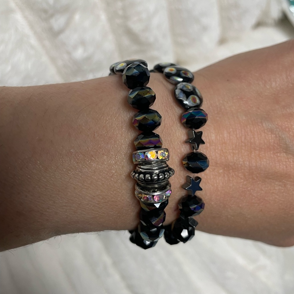 2 Elegant Black Beaded Bracelet Set